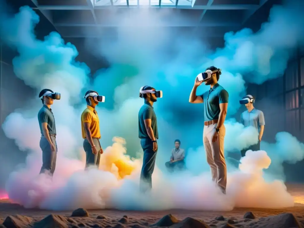 Grupo diverso de estudiantes inmersos en realidad virtual futurista, rodeados de algoritmos de IA adaptativos