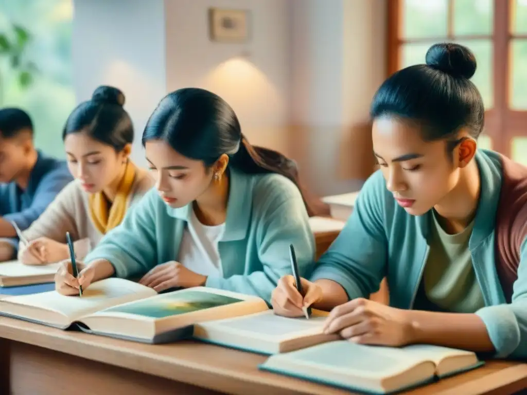 Un grupo diverso de estudiantes inmersos en sus estudios de idiomas con libros y recursos esparcidos a su alrededor