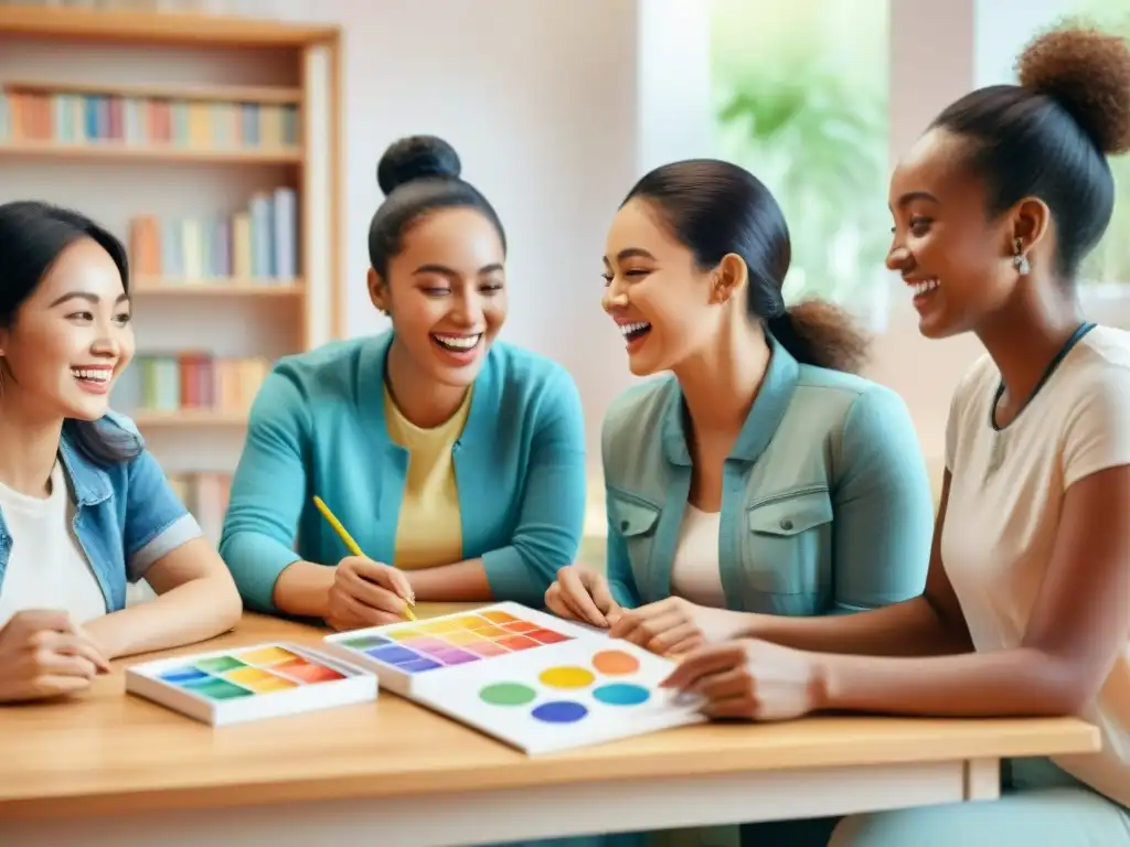 Grupo diverso de estudiantes disfruta juegos de aprendizaje de idiomas en aula vibrante