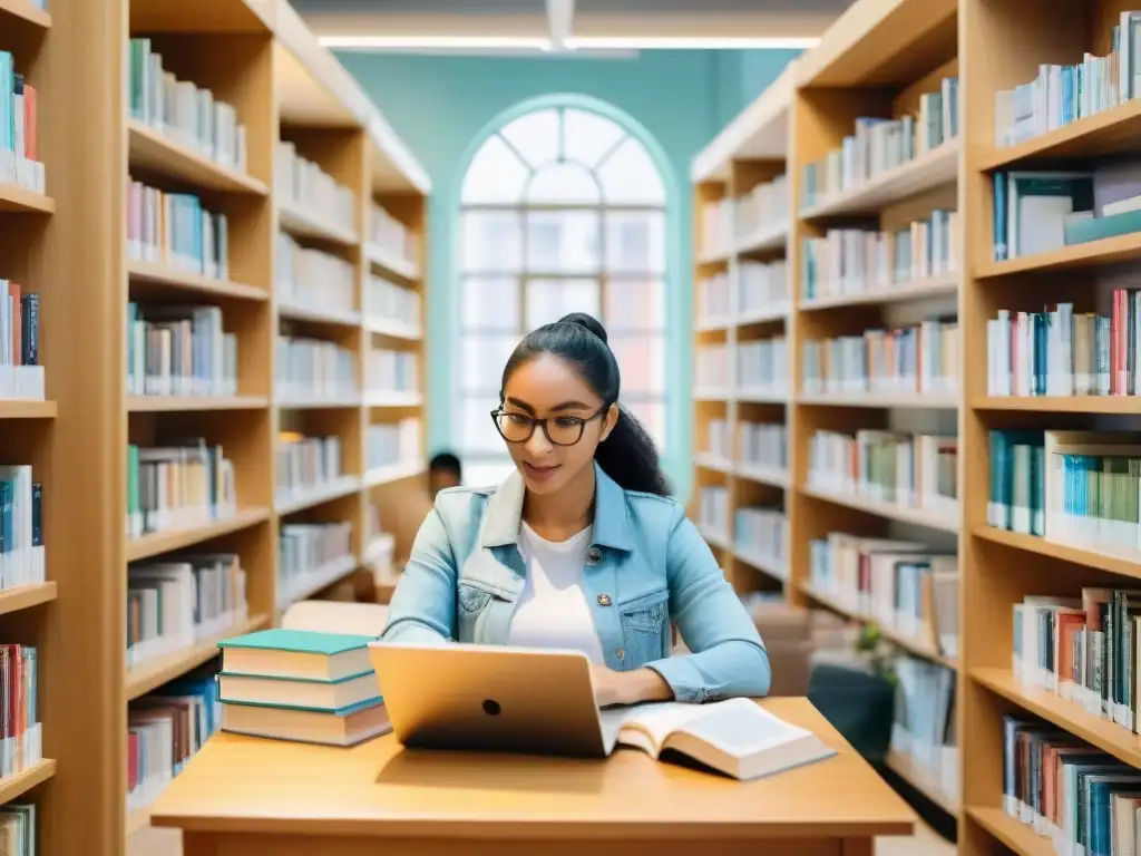 Un grupo diverso de estudiantes estudia juntos en una biblioteca, rodeados de libros y laptops, reflejando colaboración y determinación