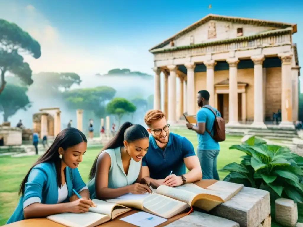 Grupo diverso de estudiantes disfrutando de una lección de latín en ruinas romanas, creando una enseñanza viva y relevante