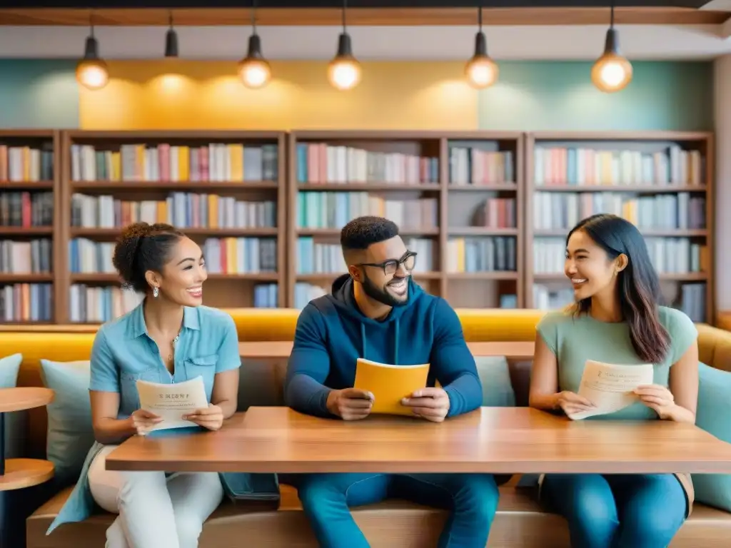 Grupo diverso de estudiantes se concentran en sus materiales de estudio en un café acogedor, rodeados de libros y pósters de idiomas