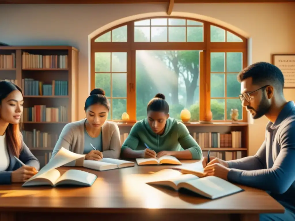 Un grupo diverso de estudiantes se concentra en sus materiales de estudio en una acogedora habitación llena de libros y luz solar