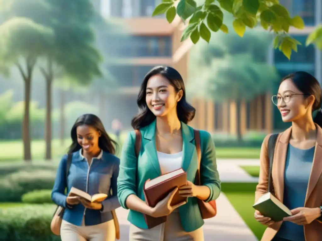 Un grupo diverso de estudiantes de todo el mundo conversa y sostiene libros en un campus verde y moderno, iluminado por el sol