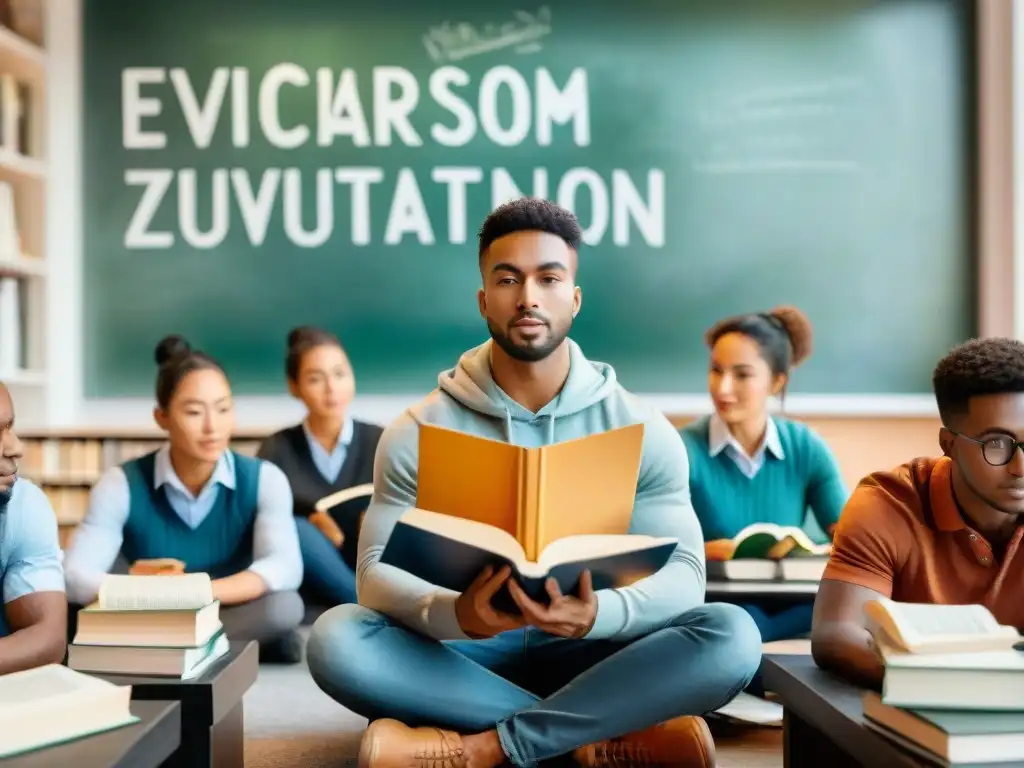 Un grupo diverso de estudiantes de todo el mundo en círculo, cada uno con un libro, en un aula vibrante