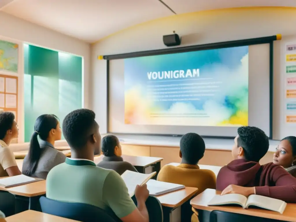 Grupo diverso de estudiantes viendo una película extranjera en un aula acogedora