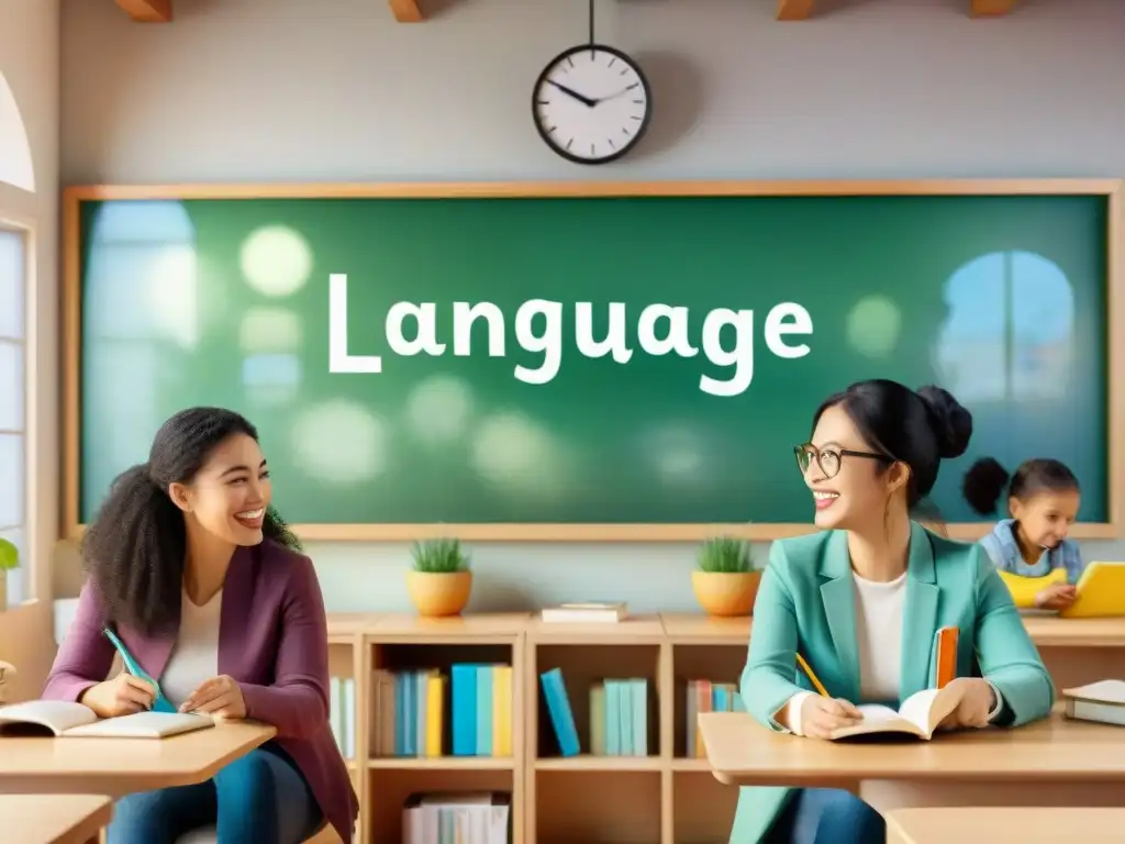 Un grupo diverso de estudiantes sonrientes aprende idiomas con juegos en un alegre aula de colores suaves