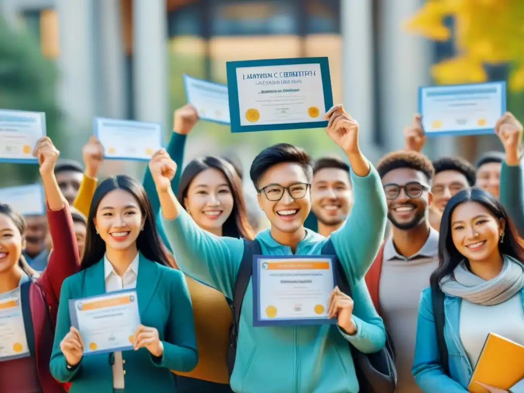 Un grupo diverso de estudiantes sonrientes muestra orgullosos sus certificaciones de idiomas en un campus universitario animado