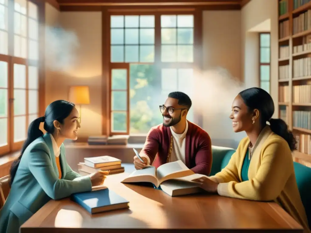 Un grupo diverso de examinadores de diferentes culturas se reúnen en una mesa llena de libros y diccionarios, discutiendo con entusiasmo