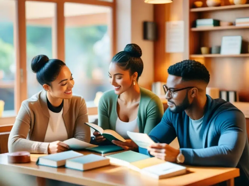 Un grupo diverso de examinadores estudia juntos en un café soleado, reflejando colaboración y diversidad cultural