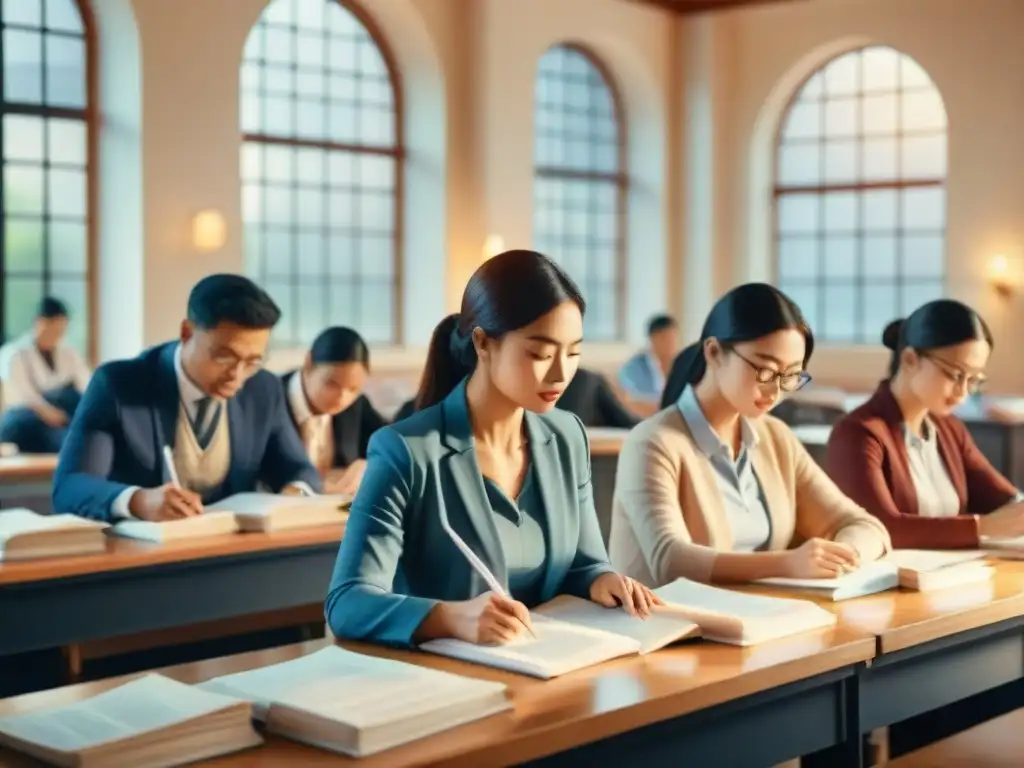 Grupo diverso de examinados concentrados en sus pruebas, en un tranquilo salón de exámenes iluminado por el sol