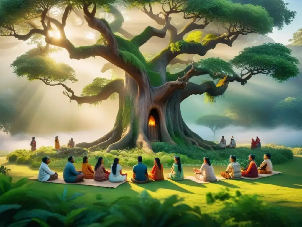 Encuentro multicultural en la raíz del árbol sagrado Un grupo diverso de expertos en lenguas y miembros de una comunidad indígena se reúnen alrededor de un árbol antiguo, simbolizando la interconexión de idioma y cultura