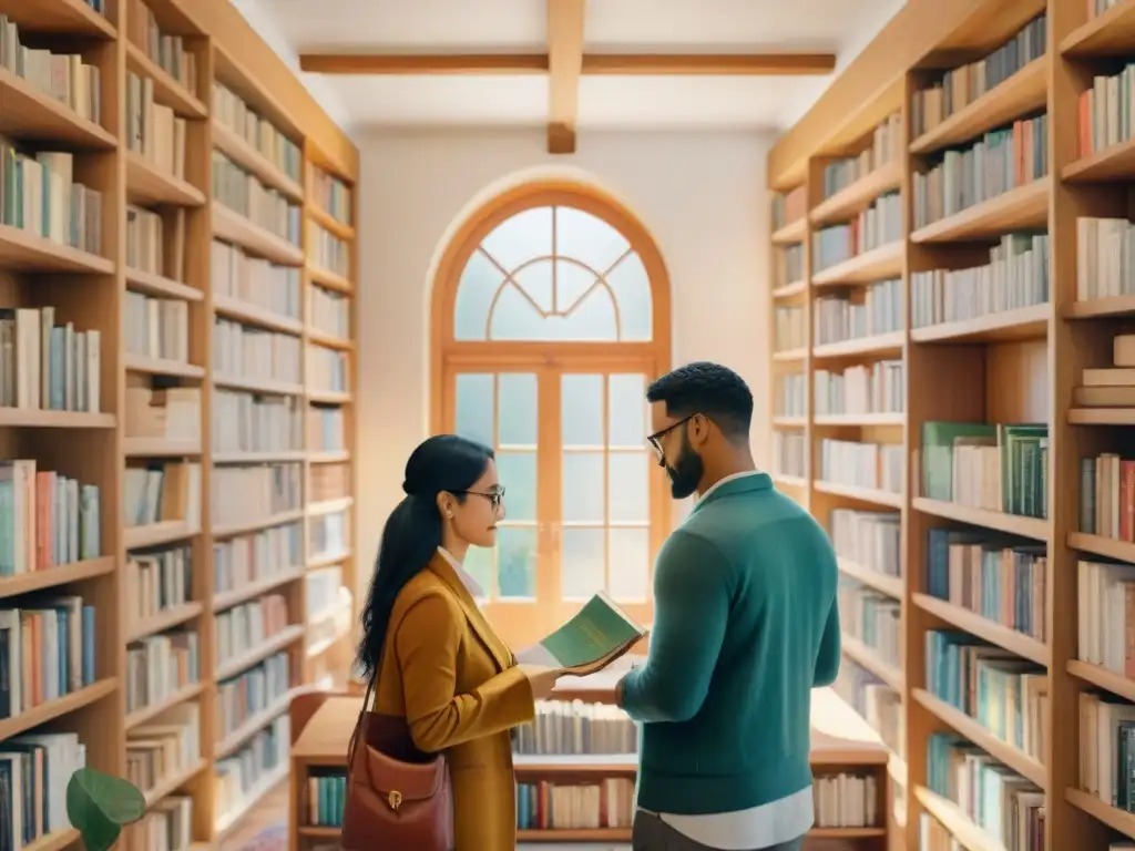 Un grupo diverso comparte historias y sabiduría en una biblioteca acogedora, celebrando la preservación de la literatura en lenguas minoritarias