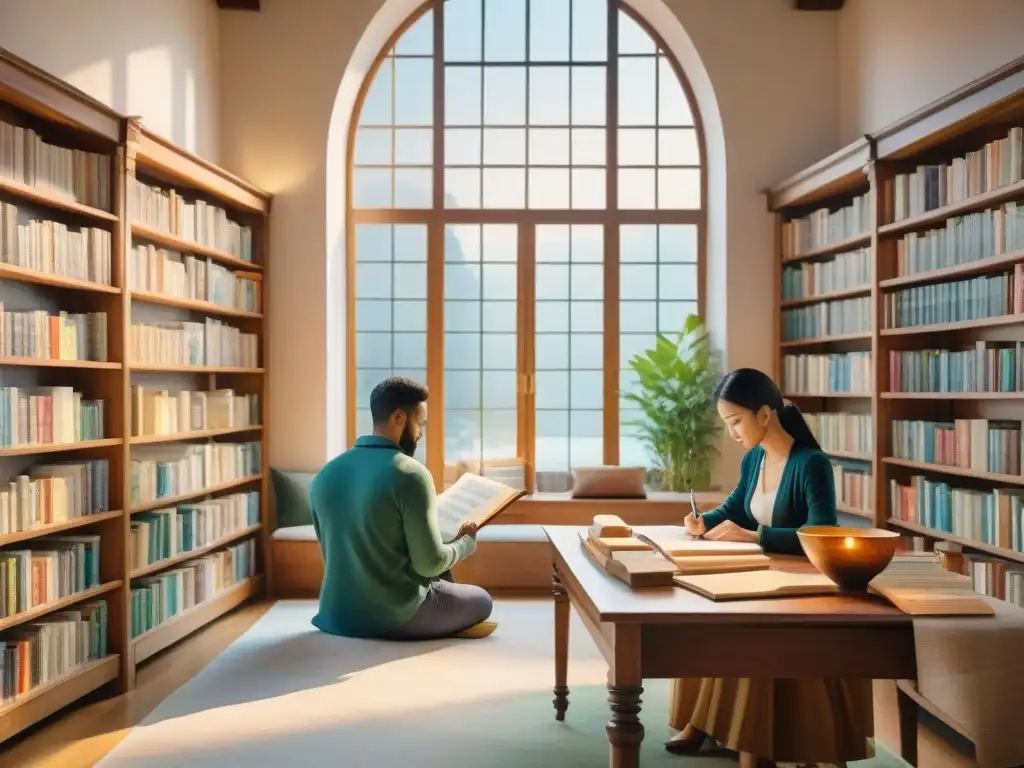 Un grupo diverso escribiendo en varios idiomas en una biblioteca soleada