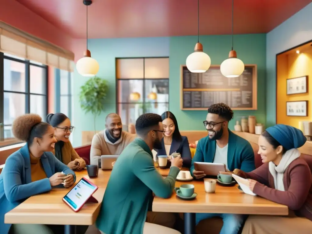 Grupo diverso aprendiendo idiomas en un café acogedor