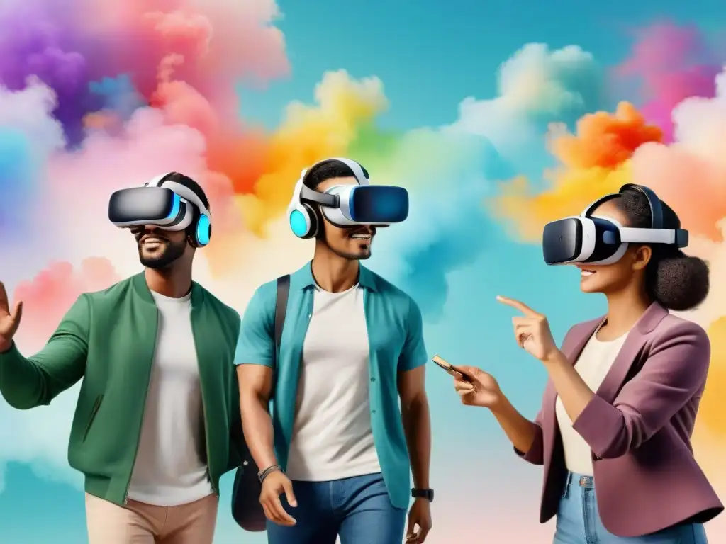 Grupo diverso usando VR para aprender idiomas en entornos virtuales dinámicos y coloridos