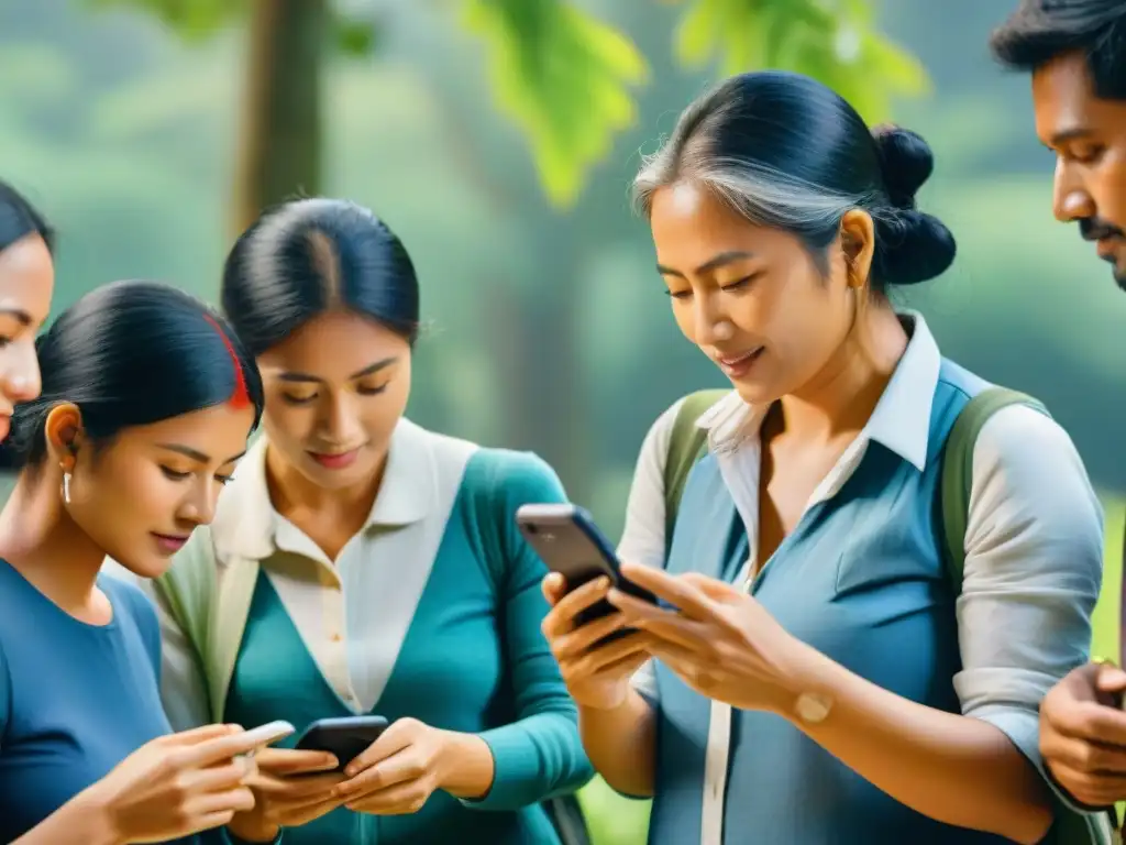 Aprender idiomas indígenas en el parque: diversidad y tecnología Un grupo diverso aprende idiomas indígenas en un parque, con tecnología móvil