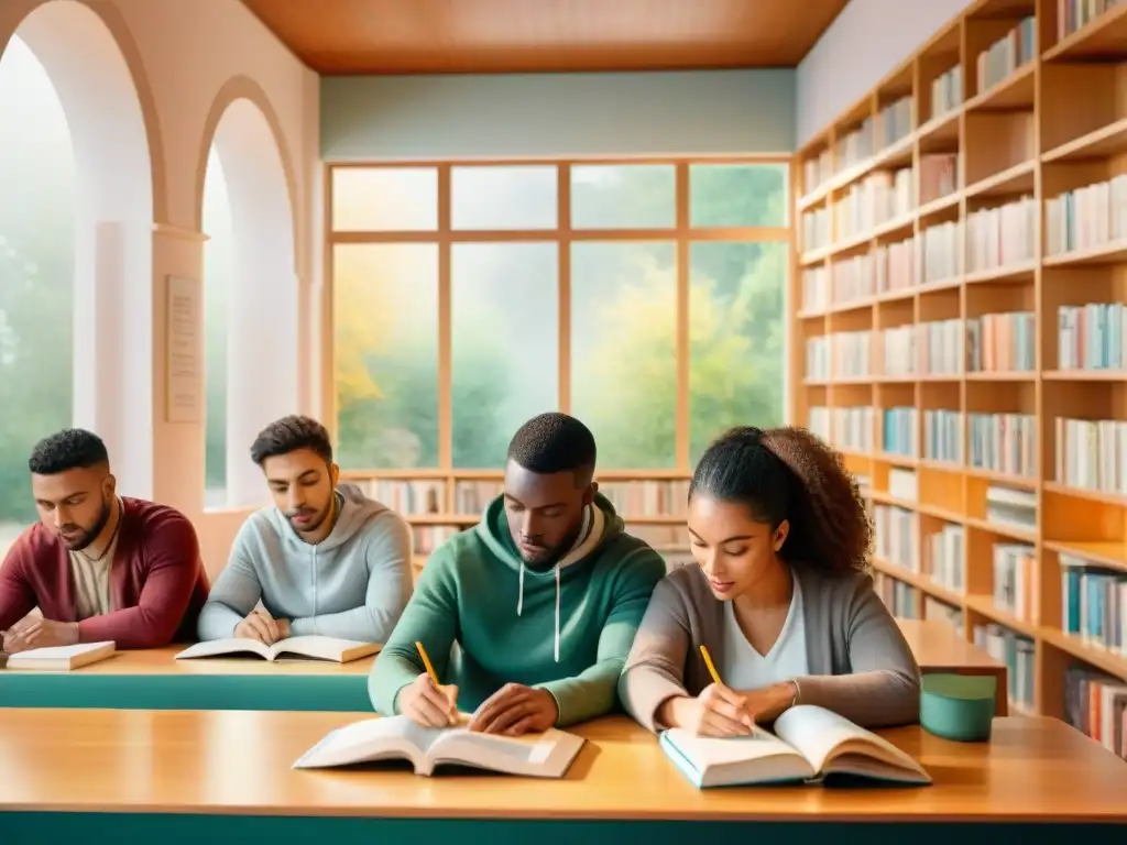 Un grupo diverso estudia idiomas juntos en una acogedora biblioteca