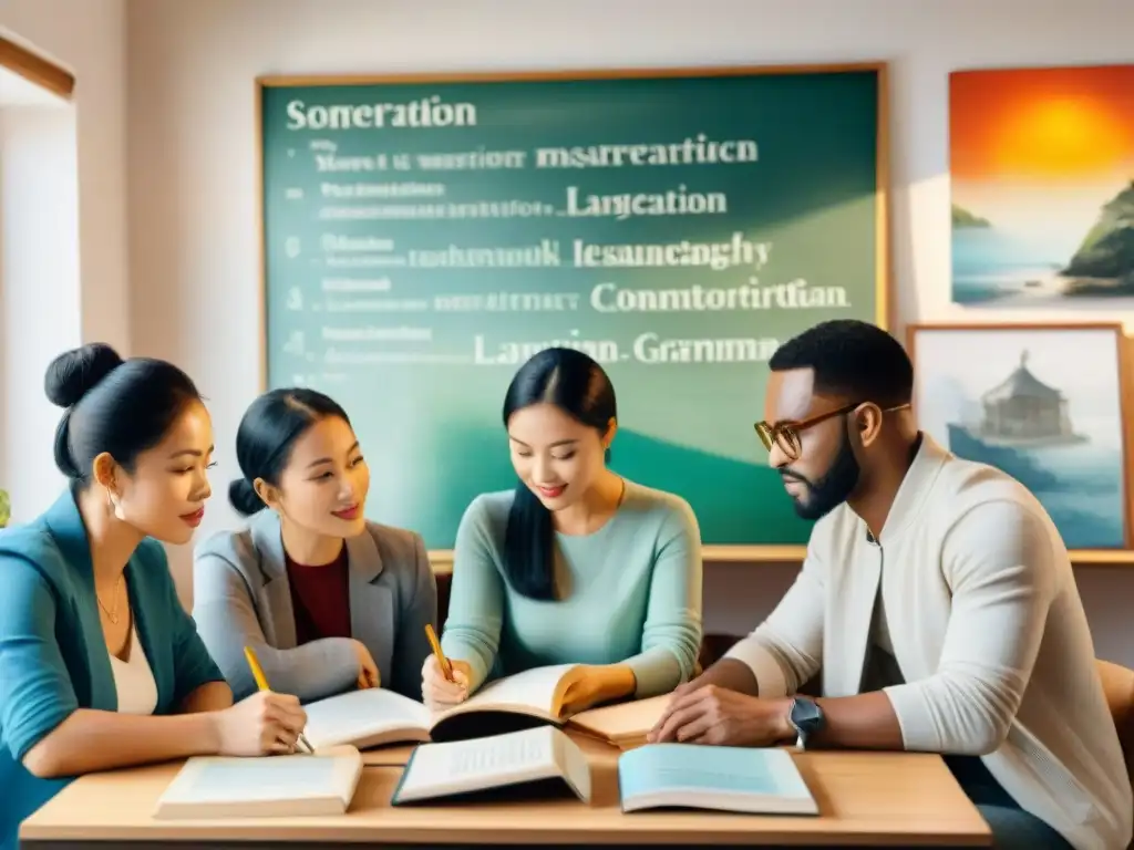 Un grupo diverso aprende idiomas juntos en una sala soleada