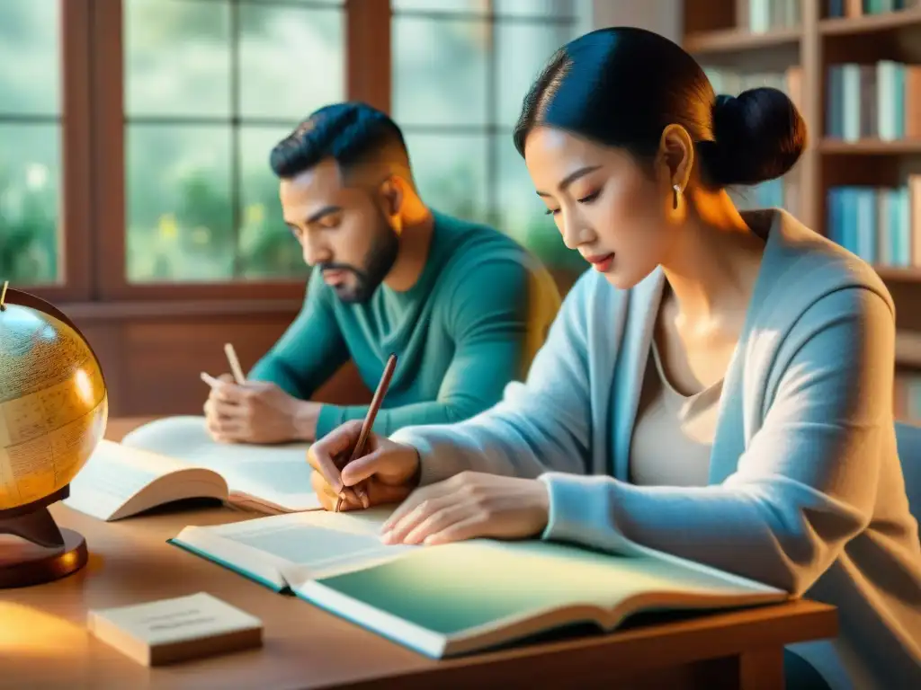 Grupo diverso mejora pronunciación idiomas juntos en sala acogedora con libros y herramientas de aprendizaje