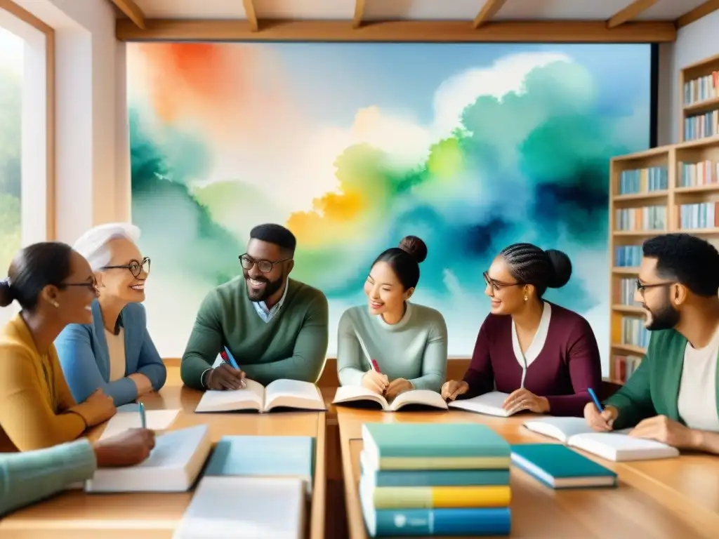 Un grupo diverso aprende idiomas juntos en una atmósfera vibrante y alentadora