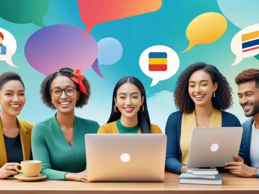 Grupo diverso aprende idiomas online