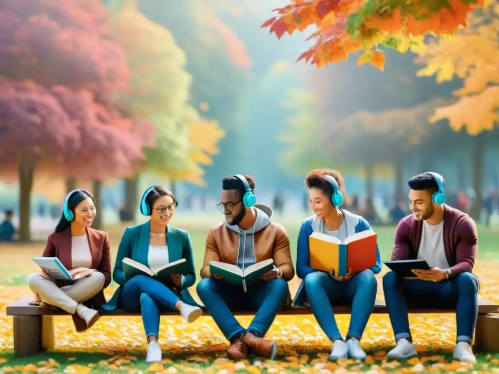 Un grupo diverso aprende idiomas en un parque otoñal, con libros y laptops