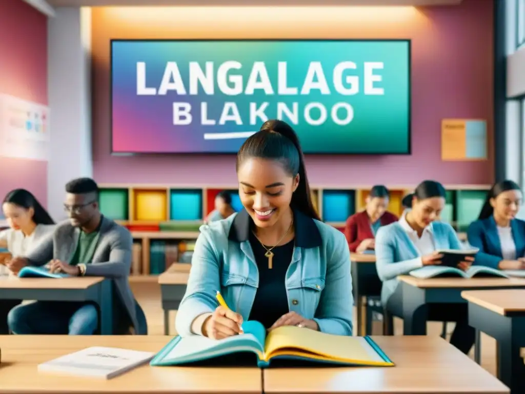 Grupo diverso aprendiendo idiomas con películas en una clase vibrante y moderna