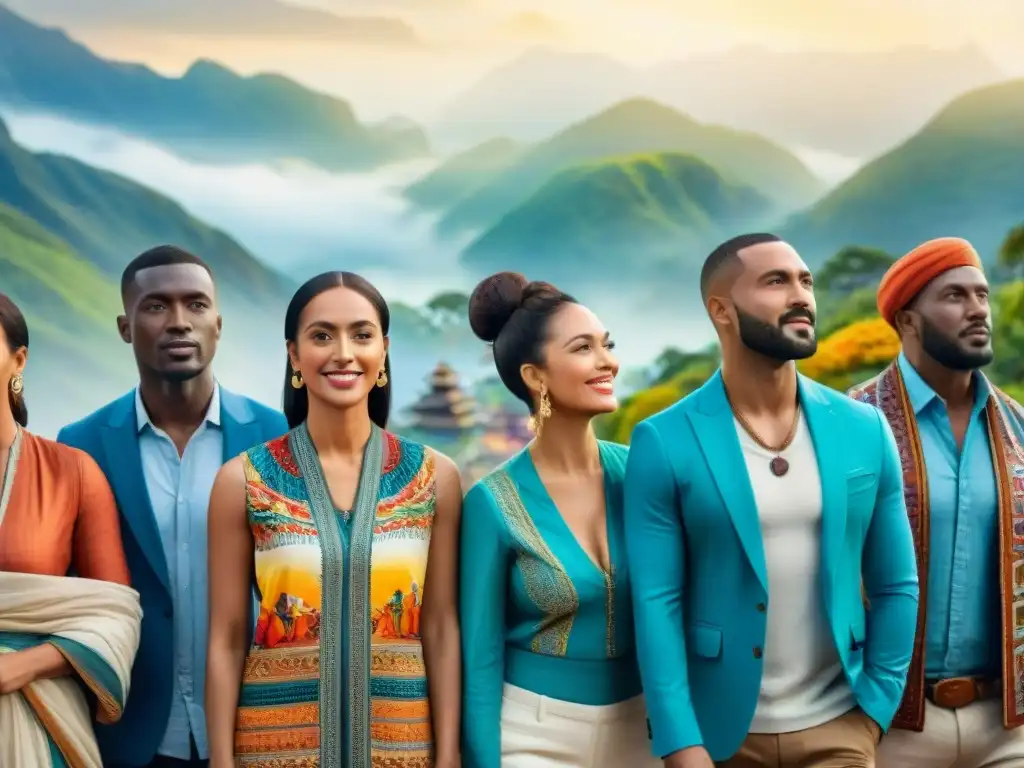 Vibrante ilustración celebra diversidad lingüística Ilustración acuarela: grupo diverso habla idiomas, resalta riqueza cultural