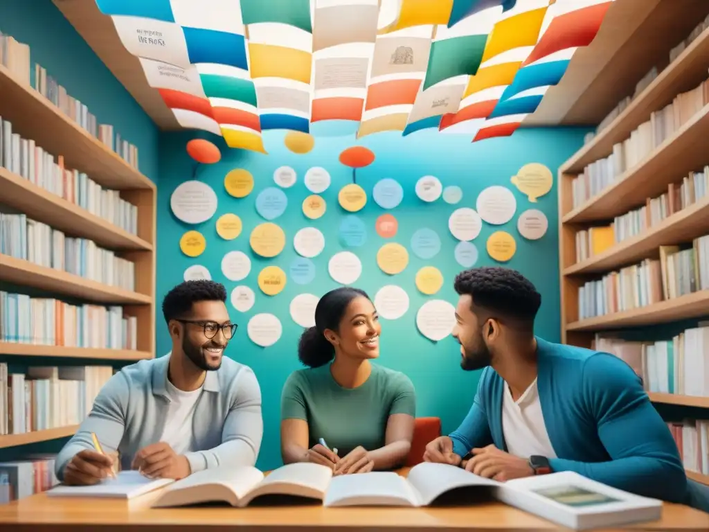 Un grupo diverso aprende idiomas en una sala acogedora, enfocados en mejorar pronunciación