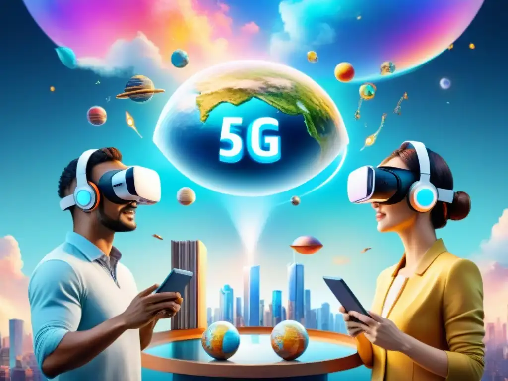 Un grupo diverso aprende idiomas con 5G usando tecnología futurista en ilustración detallada acuarela