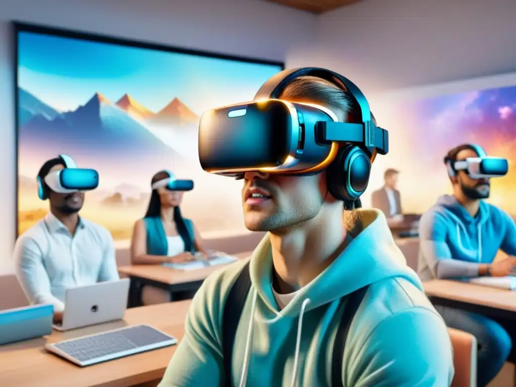 Un grupo diverso inmerso en un aula de realidad virtual para aprender idiomas, con lecciones holográficas flotando a su alrededor