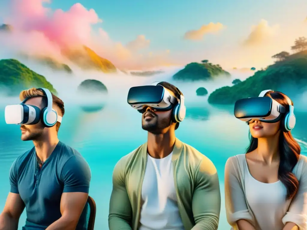 Un grupo diverso inmerso en un intercambio lingüístico en realidad virtual, rodeados de símbolos de idiomas y colores vibrantes