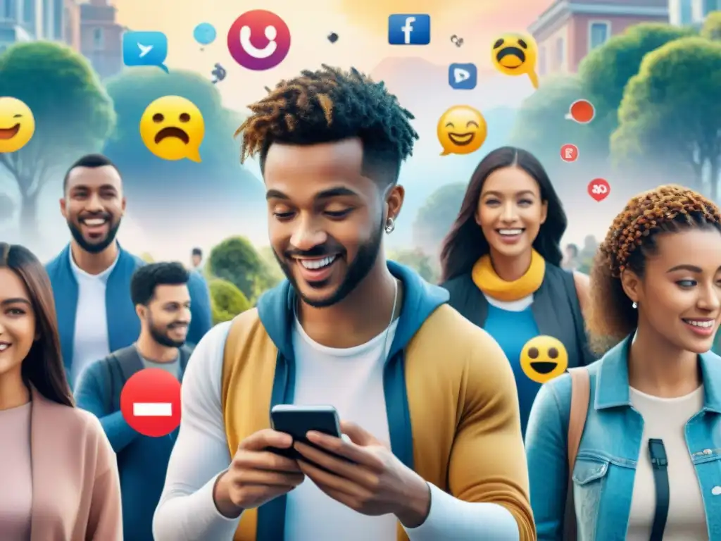 Un grupo diverso de jóvenes inmersos en redes sociales, rodeados de emojis y hashtags