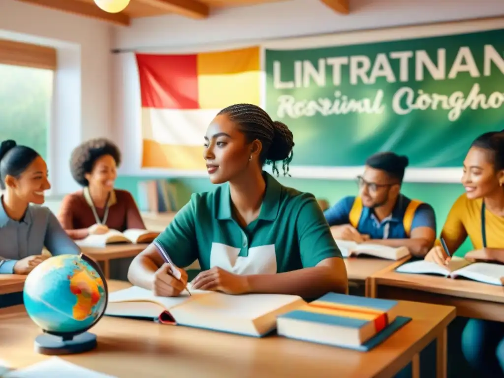 Grupo diverso estudia juntos en un aula soleada y vibrante, decorada con materiales de idiomas