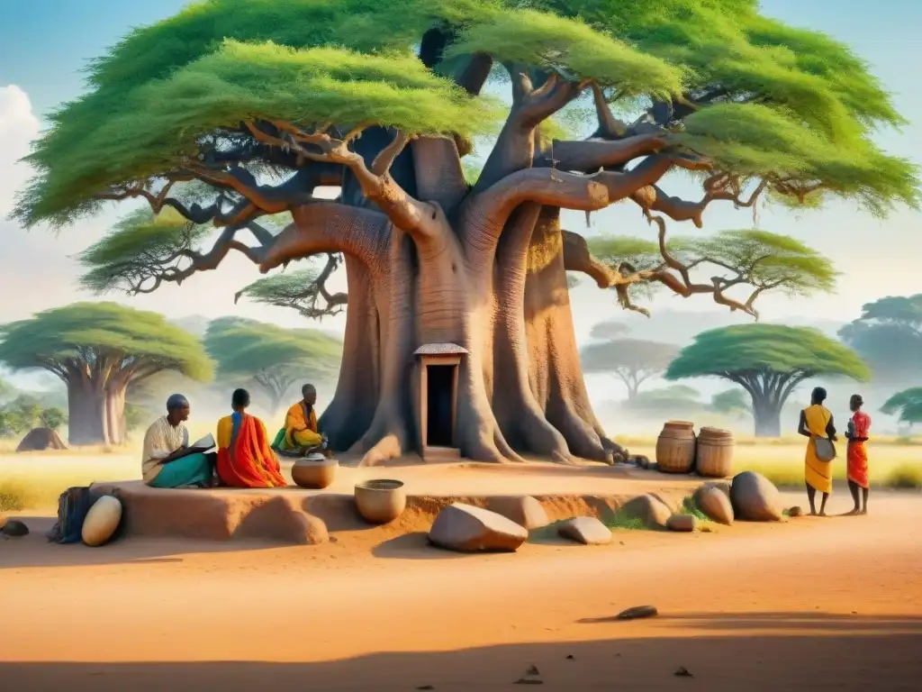 Un grupo diverso disfruta de la lectura bajo un baobab, reflejando la riqueza cultural de África