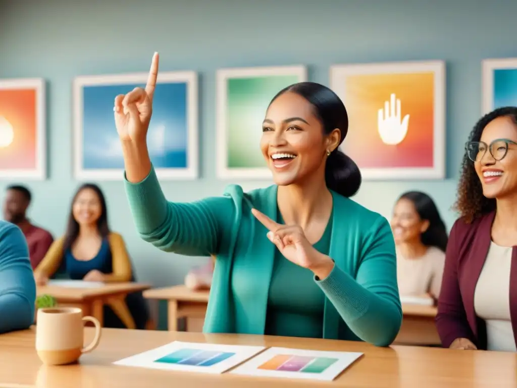 Un grupo diverso aprende lenguaje de señas en alegre clase