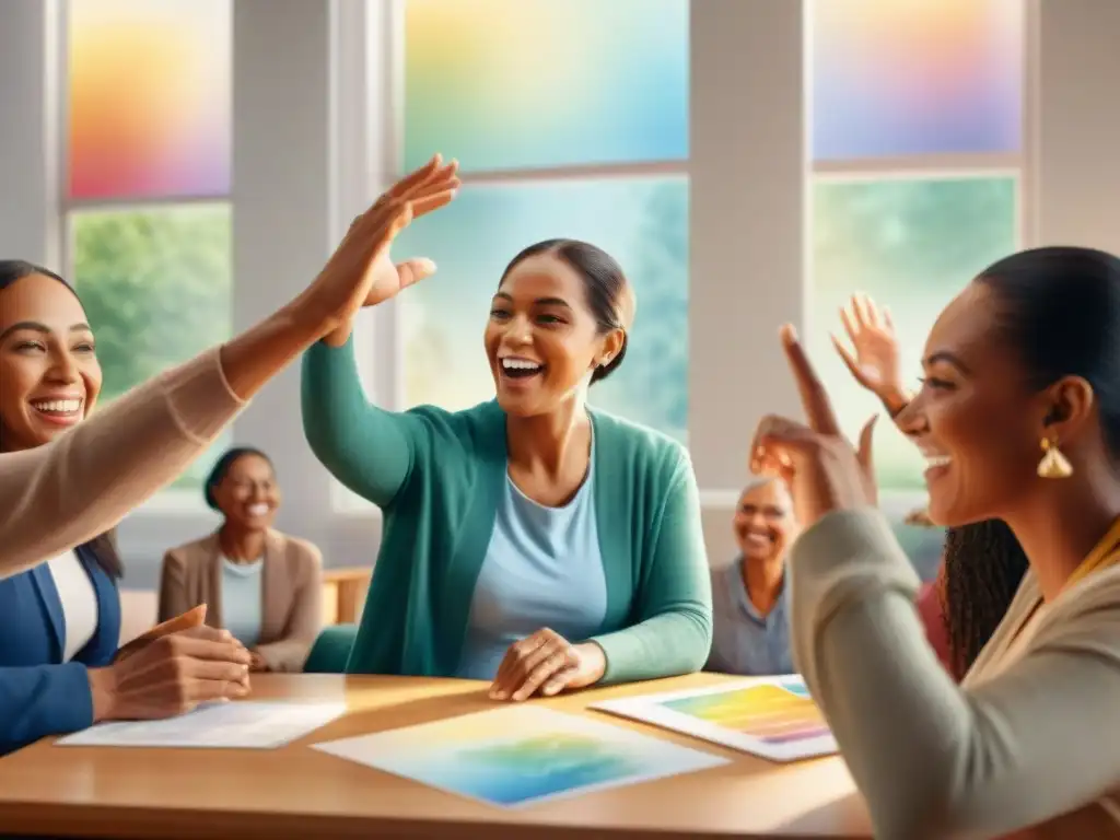 Un grupo diverso aprende lenguaje de signos con alegría en aula luminosa y acogedora