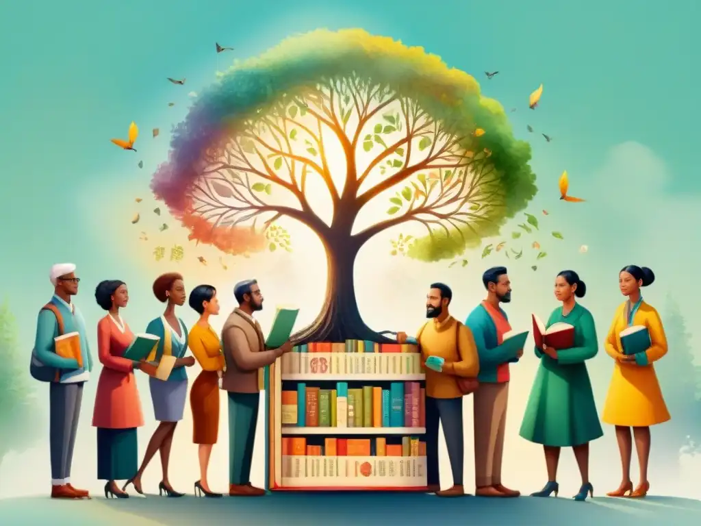 Ilustración acuarela: grupo diverso con libros en dialectos minoritarios bajo árbol de conocimiento