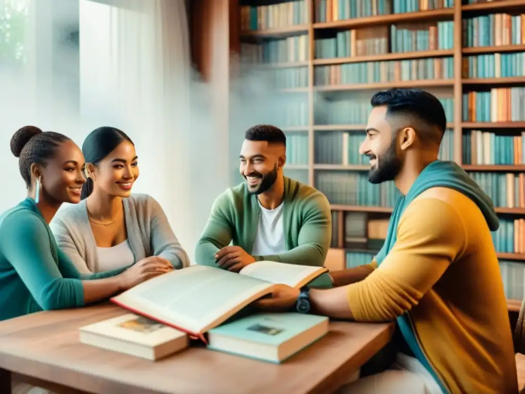 Grupo diverso conversa animadamente entre libros de distintos idiomas, simbolizando impacto de leyes lingüísticas en cohesión cultural