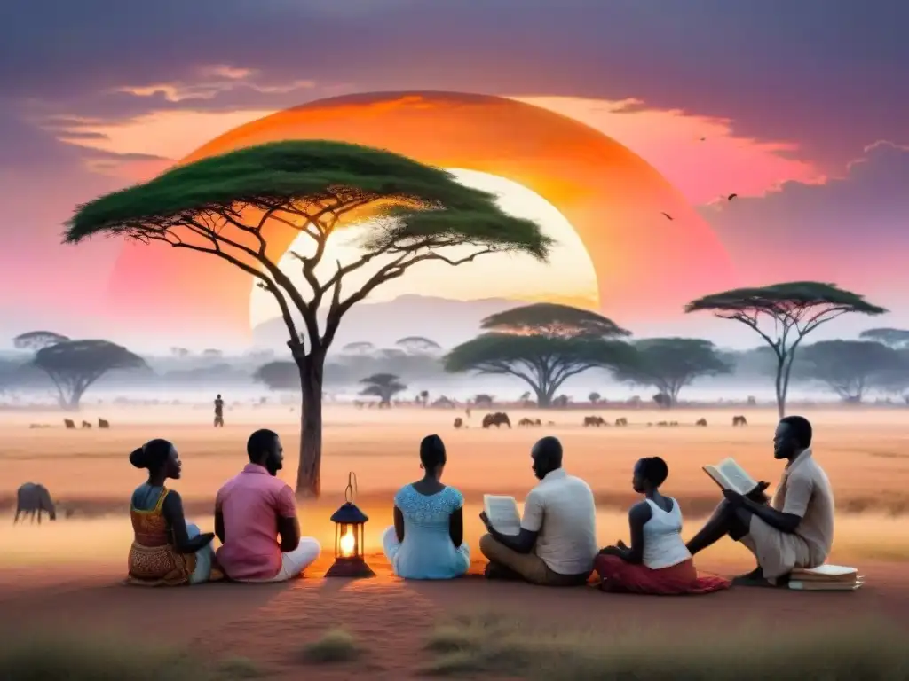 Un grupo diverso lee libros en lenguas originarias de África bajo un cielo africano al atardecer, transmitiendo unidad y riqueza cultural