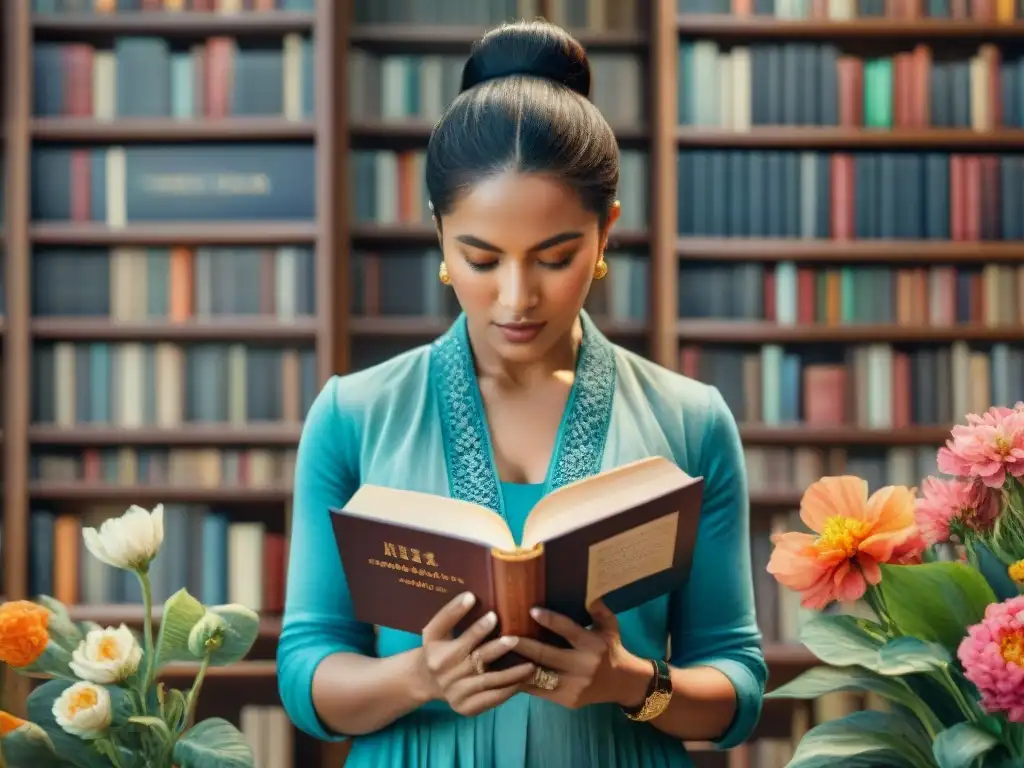 Grupo diverso de mujeres escribiendo y leyendo rodeadas de libros y flores, representando la creatividad literaria y la diversidad cultural