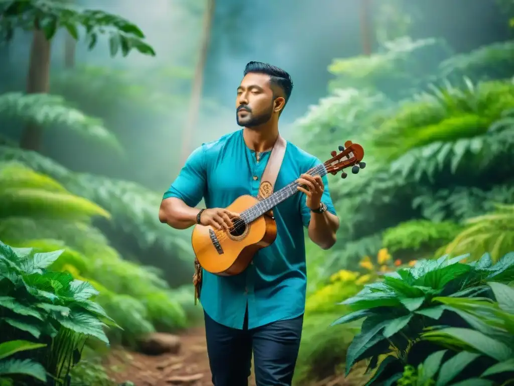 Grupo diverso de músicos de todo el mundo tocando instrumentos tradicionales en la selva