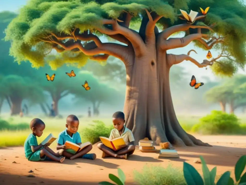 Un grupo diverso de niños africanos lee bajo un árbol baobab en un idílico escenario