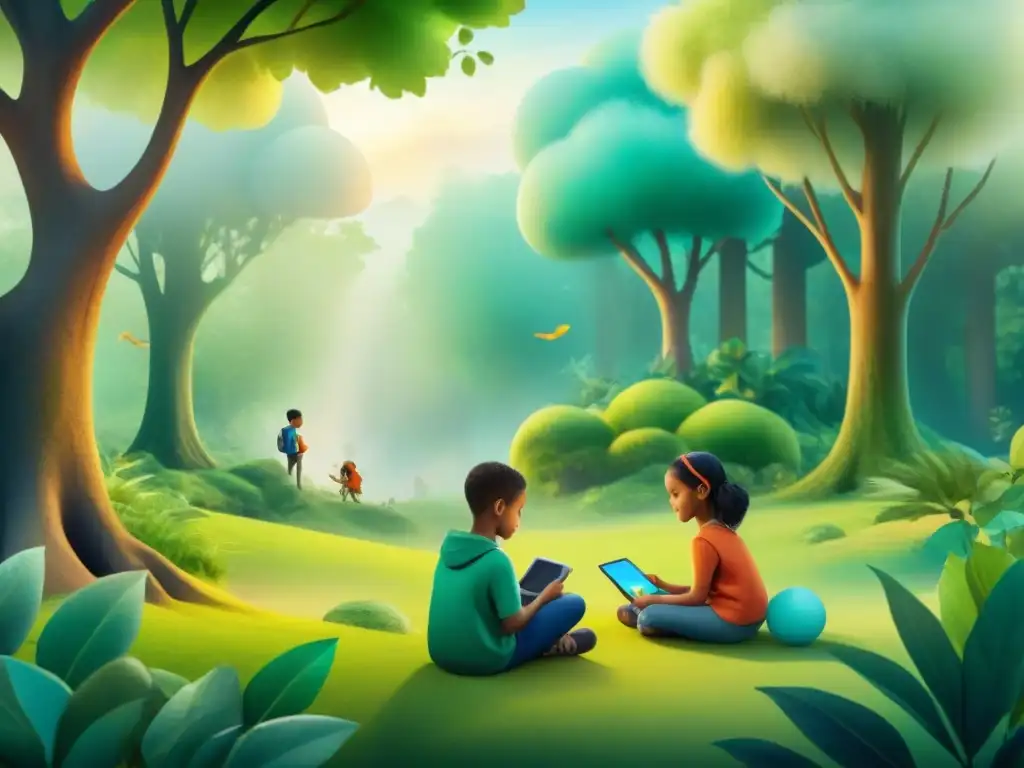 Un grupo diverso de niños juega felizmente apps de idiomas en una mágica y exuberante foresta