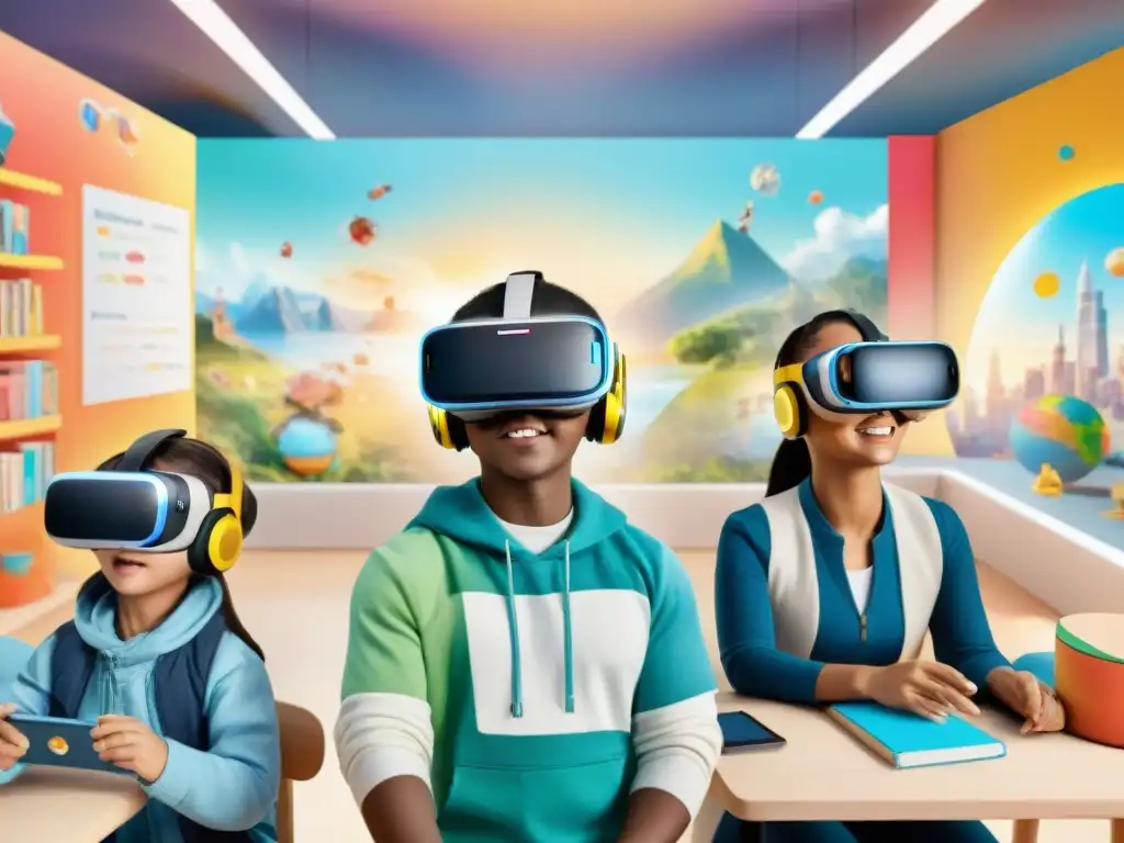 Un grupo diverso de niños usa auriculares de realidad virtual para aprender idiomas en un aula futurista