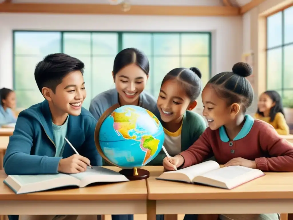 Grupo diverso de niños felices estudiando juntos en aula vibrante con libros y recursos de idiomas, creando atmósfera cálida e inclusiva