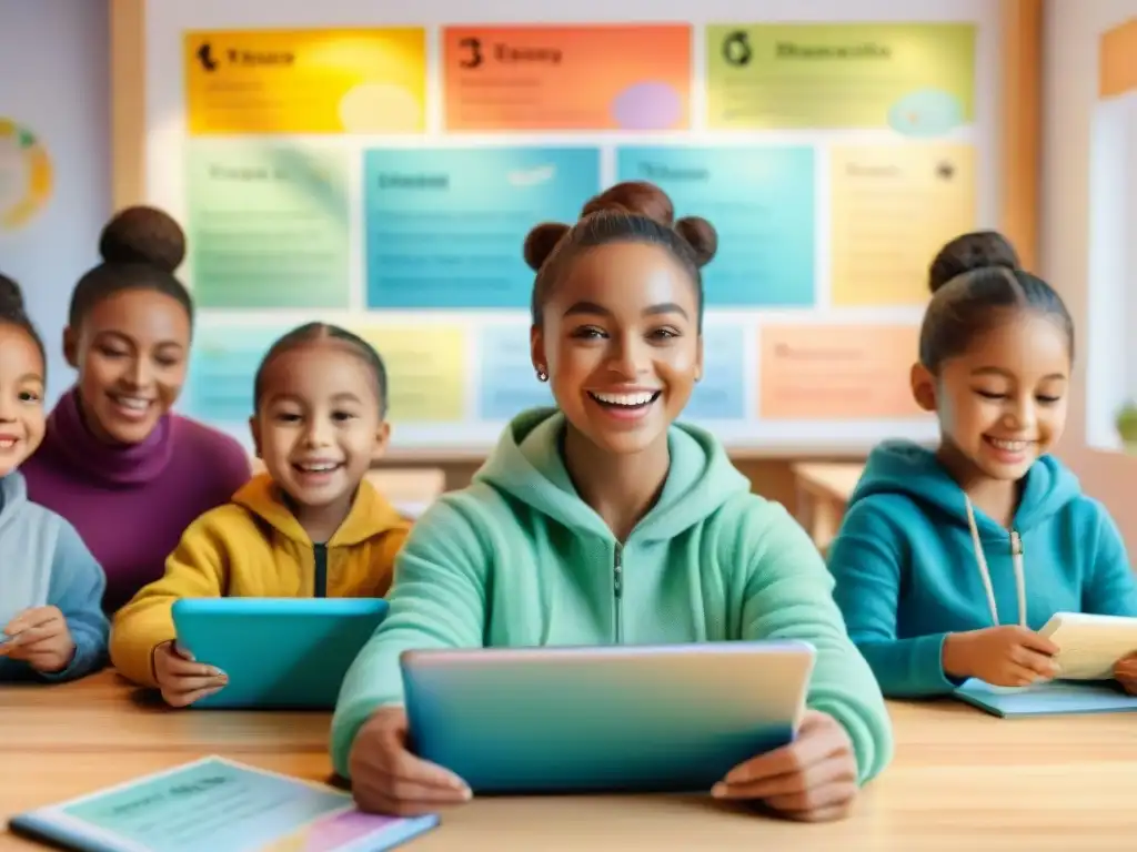 Grupo diverso de niños felices usando plataformas de enseñanza de idiomas en aula colorida y acogedora