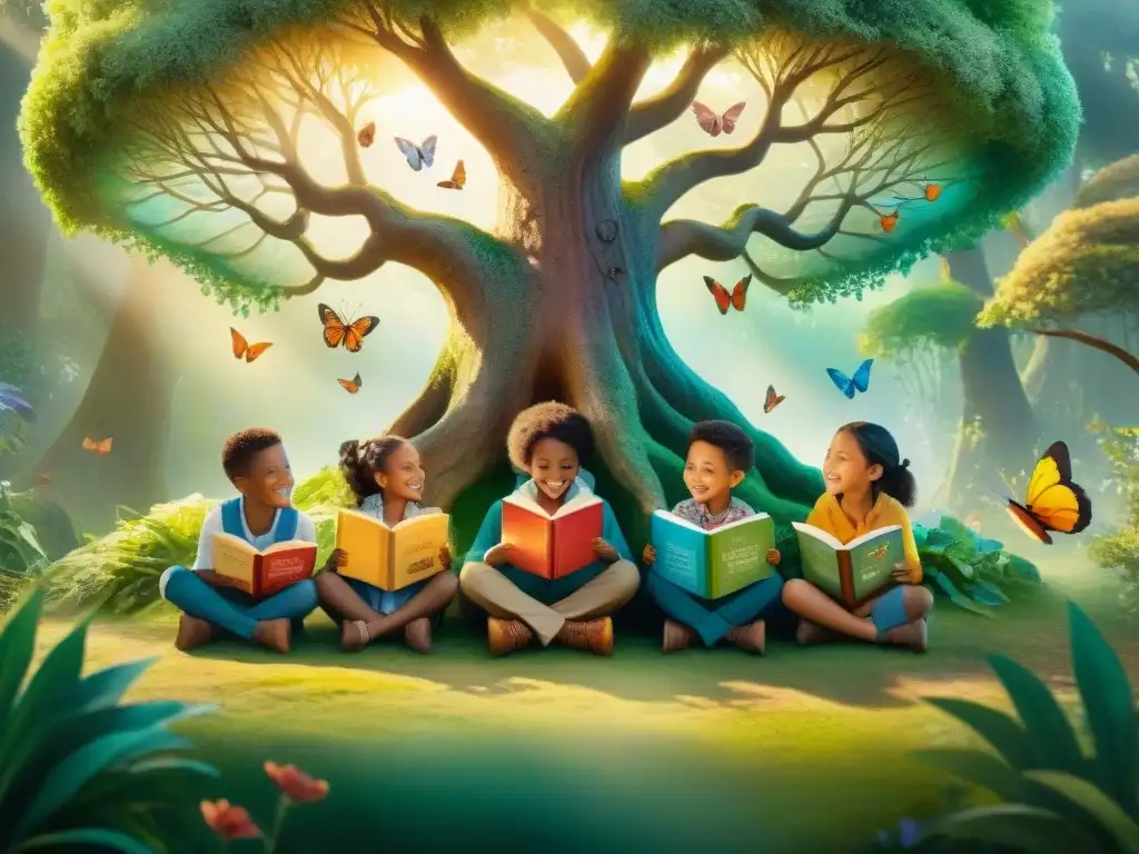 Un grupo diverso de niños lee felices libros de inglés bajo un árbol en un bosque mágico, celebrando el impacto del inglés en literatura infantil