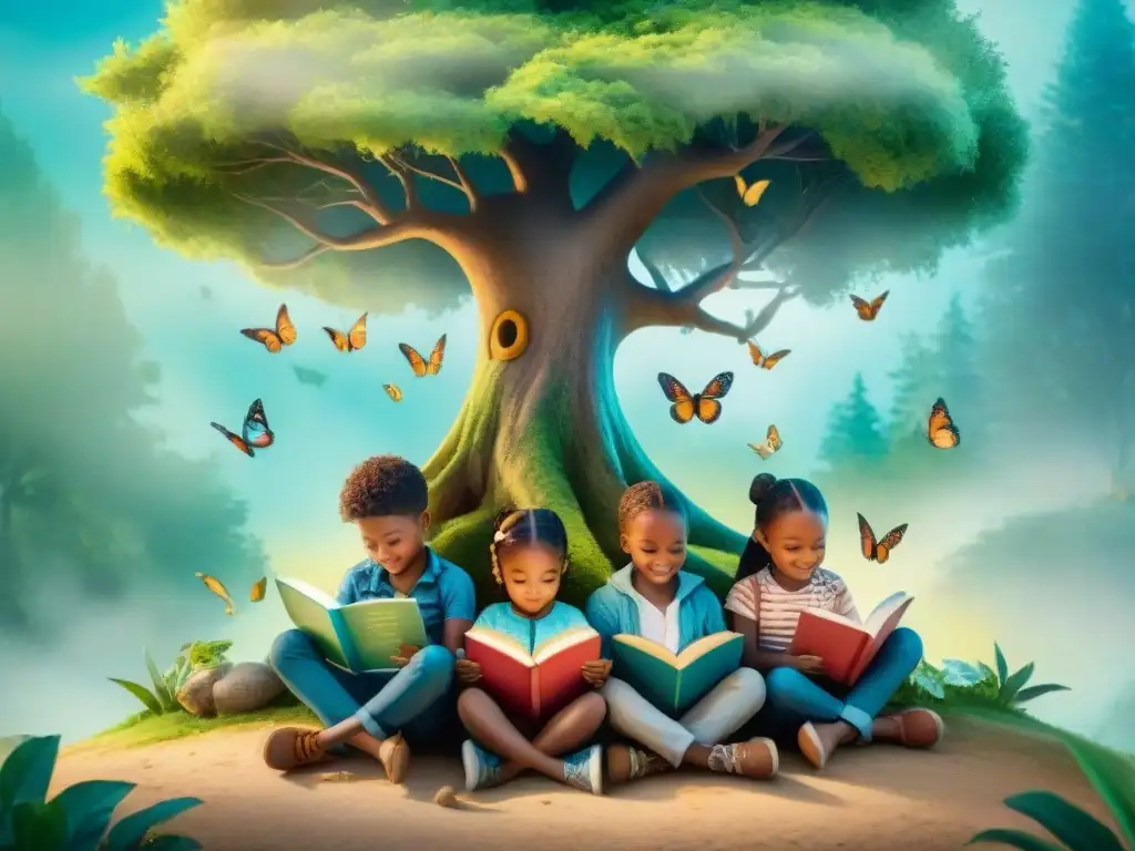 Un grupo diverso de niños lee felices bajo un árbol, rodeados de mariposas coloridas y un aura mágica de cuentos